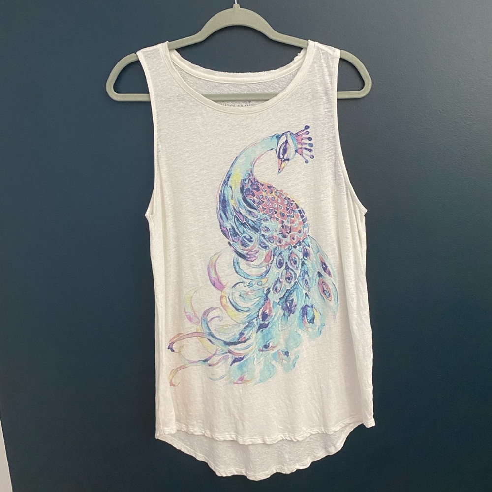 Lucky Brand White Linen Peacock Tank Top